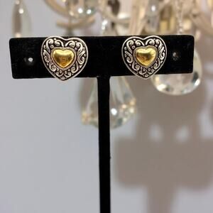 Vintage Avon Two Tone Heart Clip On Earrings Silver Gold Tone